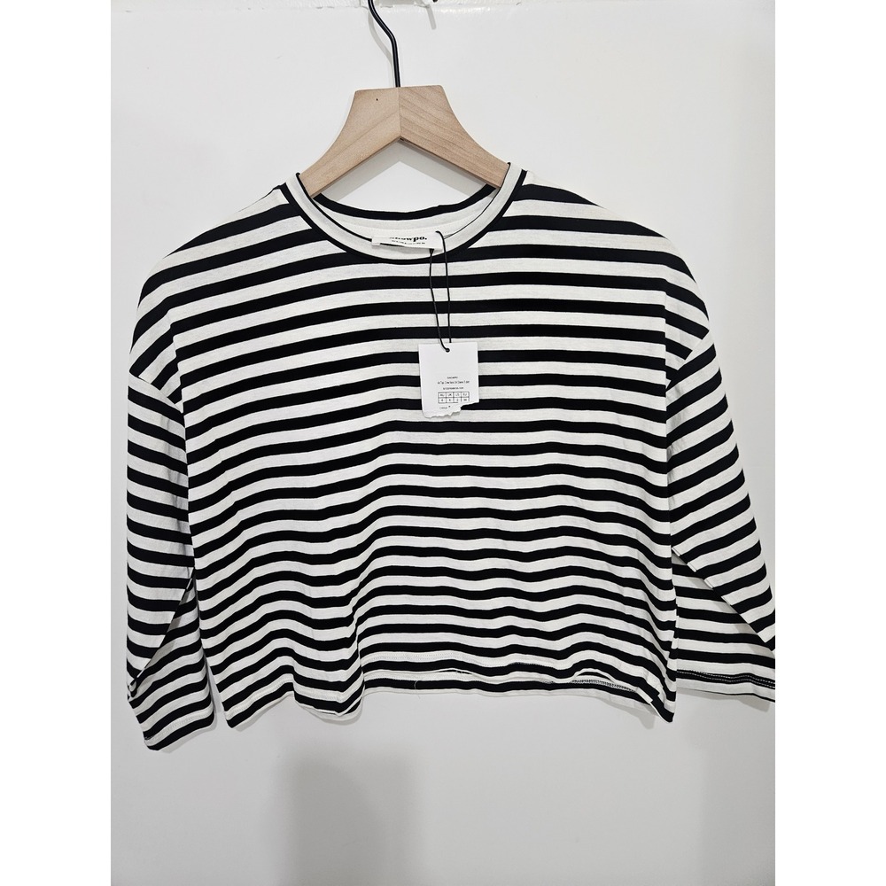 Showpo Ari Top Crew Neck 3/4 Sleeve Striped T-shirt Black White US 2 ST23100033-